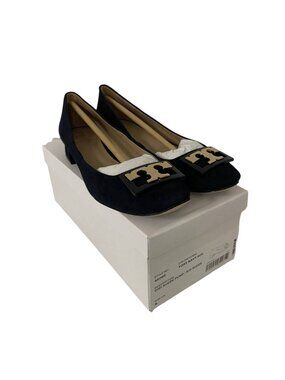 Tory Burch Gigi Suede Pump Navy Blue Gold Logo Block Heel Women Size 5 45065 NWB